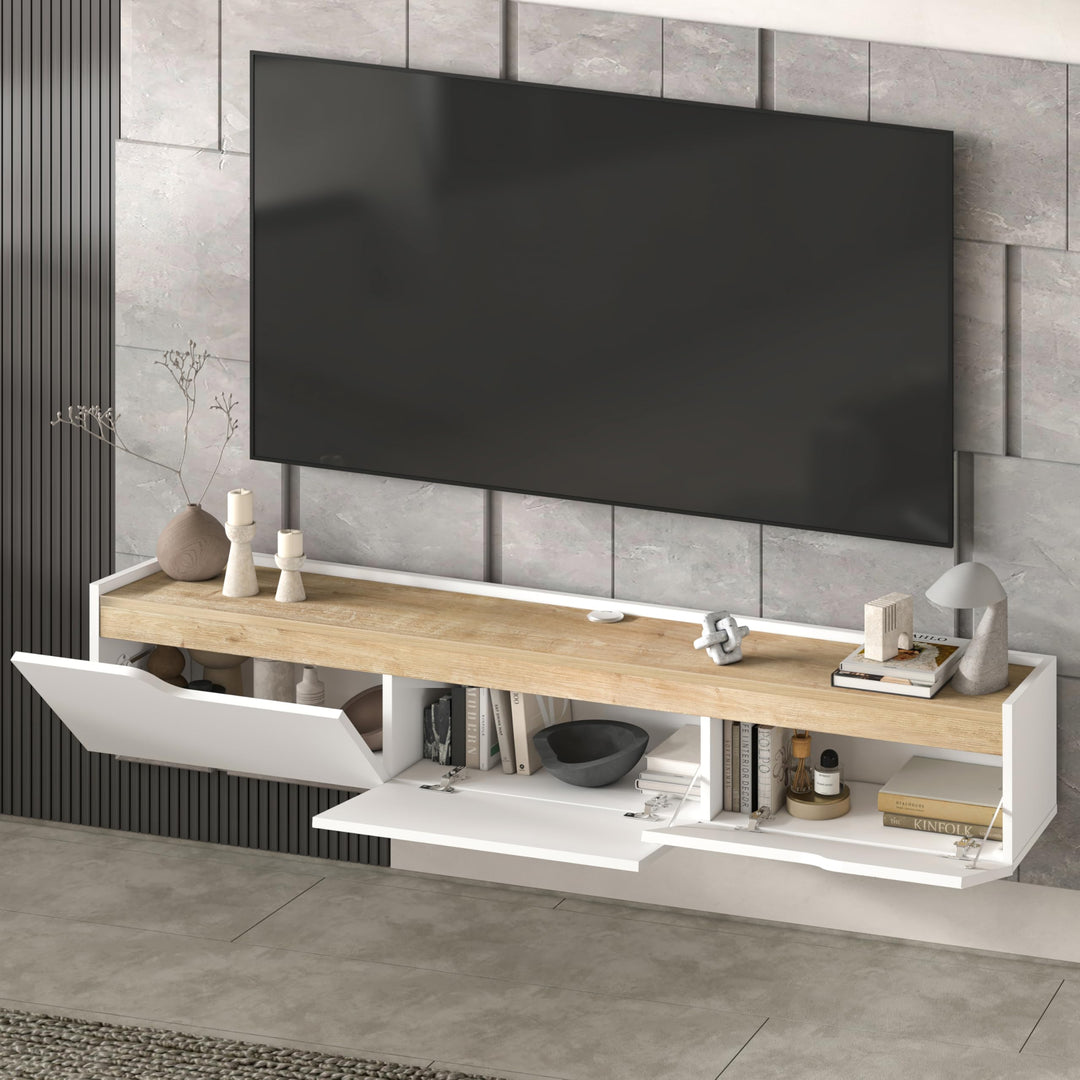 Atelier Mobili Floating TV Stand for Up to 80 Inch TVs – Wall Mounted Entertainment Center with Storage – Modern Floating Media Console with Cable Management – Oak/White Finishes (Oak)