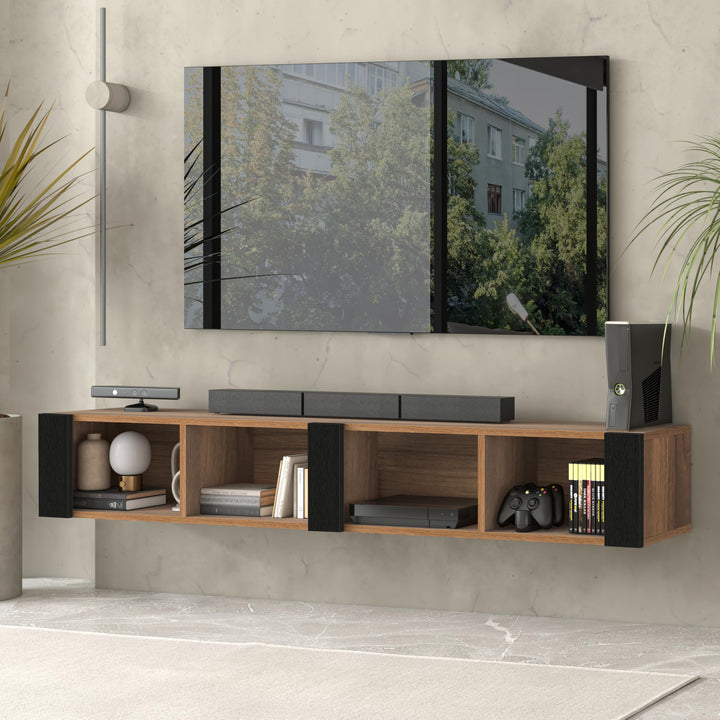 Atelier Mobili Floating TV Stand for 75 Inch TVs – Wall Mounted Entertainment Center with Open Storage Shelves – Modern Floating TV Console for Living Room & Bedroom – Oak and Walnut Finish (Oak)