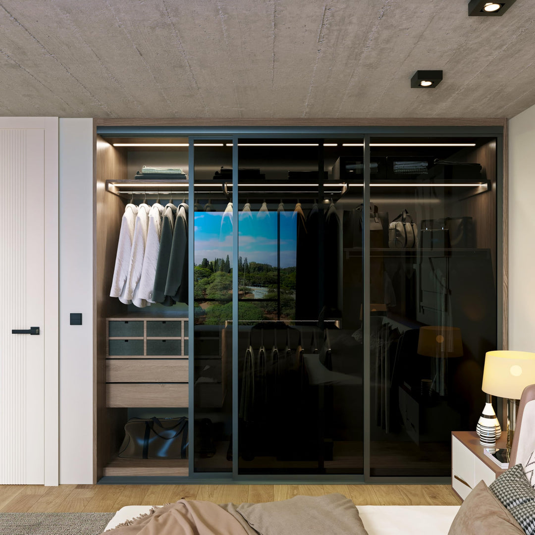 Door55 3 Panel Glass Sliding Closet Door, Black Matt Aluminum Frame