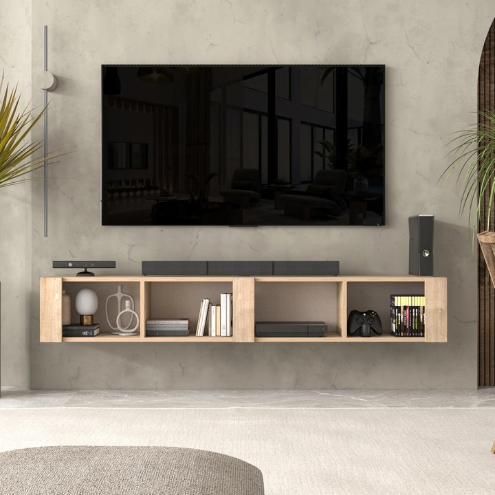 Atelier Mobili Floating TV Stand for 75 Inch TVs – Wall Mounted Entertainment Center with Open Storage Shelves – Modern Floating TV Console for Living Room & Bedroom – Oak and Walnut Finish (Oak)