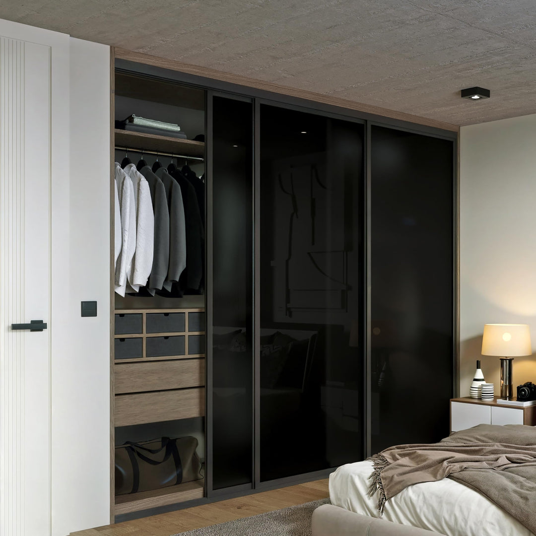 Door55 3 Panel Glass Sliding Closet Door, Black Matt Aluminum Frame