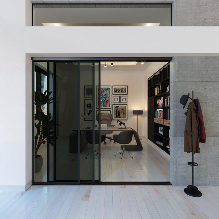 Glass Room Divider, Sliding Closet Door with 3 Glass Panels, Aluminum Frame with Clear, Smoked or Lite Smoked Color Options (Clear Glass, 72x96) – Atelier Mobili