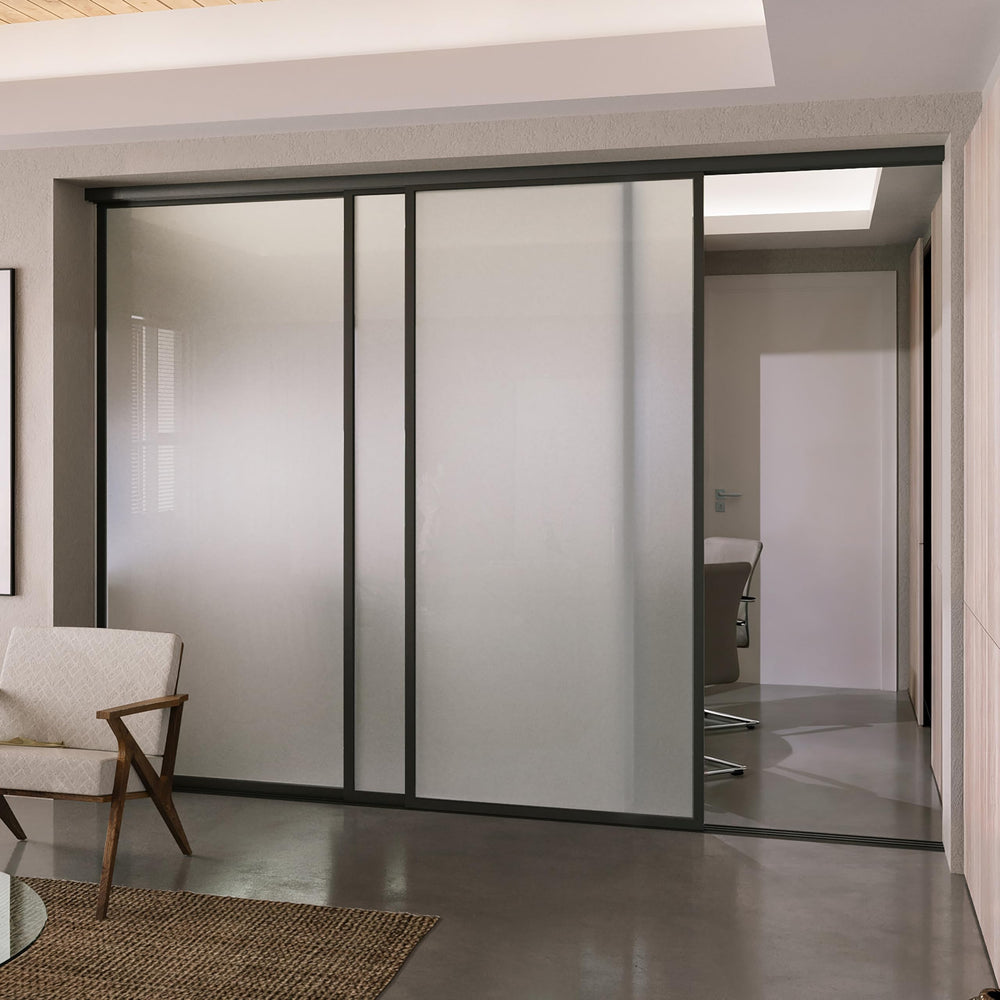 Doors55 3 Panel Glass Room Divider | Aluminum Frame Sliding Glass Room Divider – Atelier Mobili