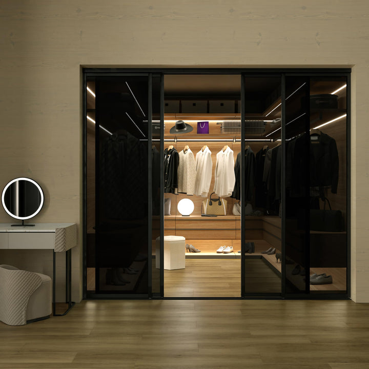 4 Panel Glass Room Divider and Sliding Glass Closet Doors - Smoked Frosted Partition Wall - Clear, Smoked and Frosted Glass Sliding Doors Options (Clear Glass, 96x80) – Atelier Mobili