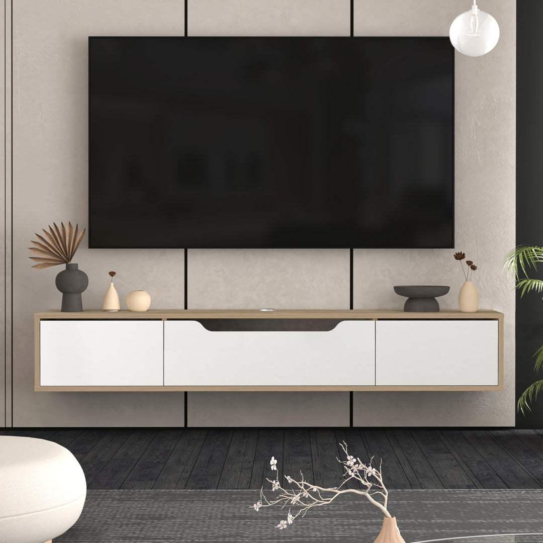 Atelier Mobili Floating TV Stand for Up to 80 Inch TVs – Wall Mounted Media Console with Handle-Free Doors – Modern Entertainment Center with Hidden Storage – White and Oak Finishes (Oak/White)