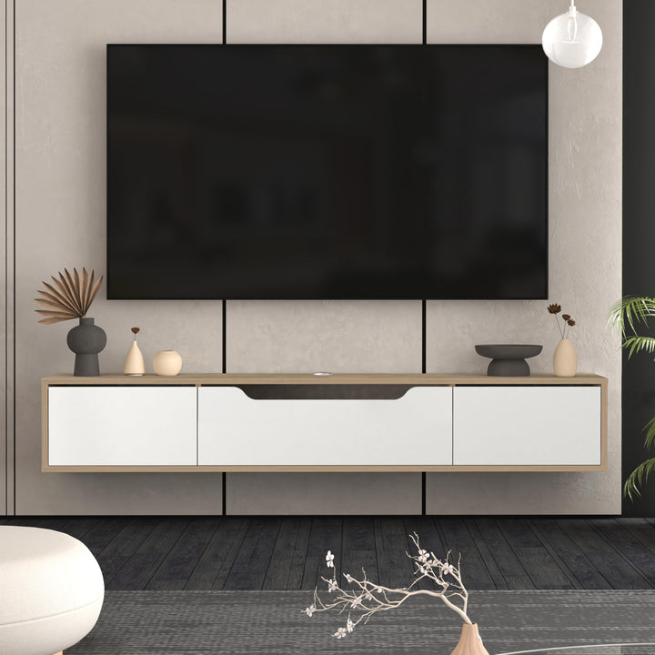 Atelier Mobili Floating TV Stand for Up to 80 Inch TVs – Wall Mounted Media Console with Handle-Free Doors – Modern Entertainment Center with Hidden Storage – White and Oak Finishes (Oak/White)