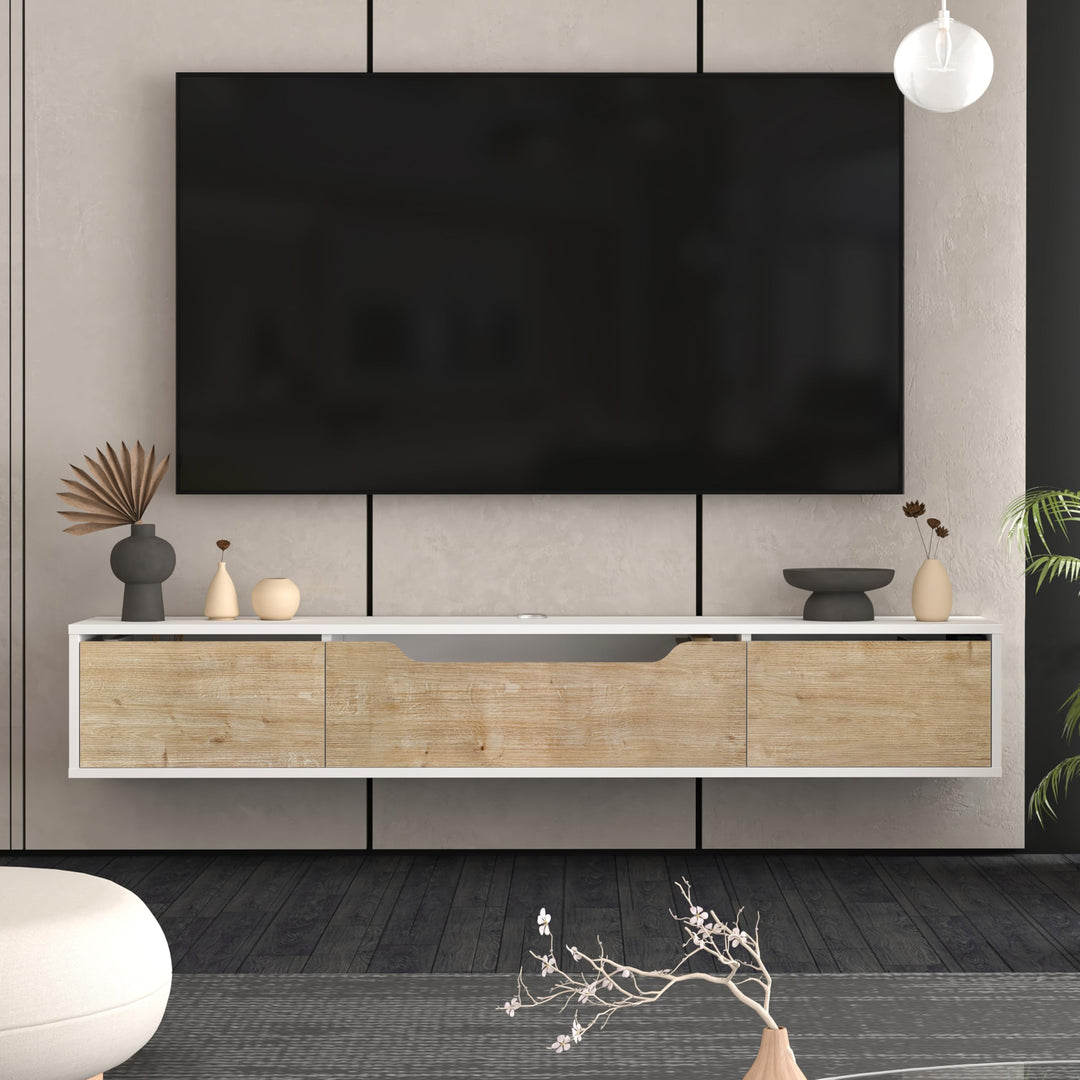 Atelier Mobili Floating TV Stand for Up to 80 Inch TVs – Wall Mounted Media Console with Handle-Free Doors – Modern Entertainment Center with Hidden Storage – White and Oak Finishes (Oak/White)