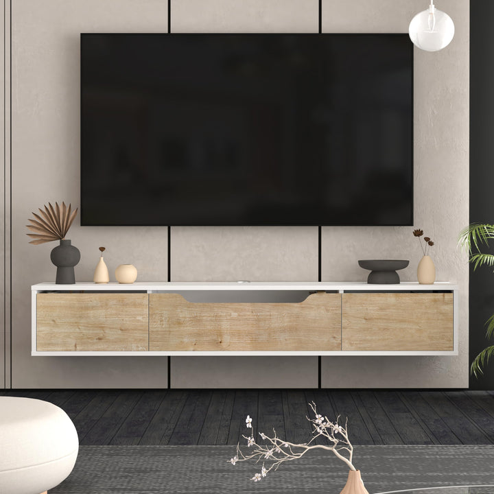 Atelier Mobili Floating TV Stand for Up to 80 Inch TVs – Wall Mounted Media Console with Handle-Free Doors – Modern Entertainment Center with Hidden Storage – White and Oak Finishes (Oak/White)