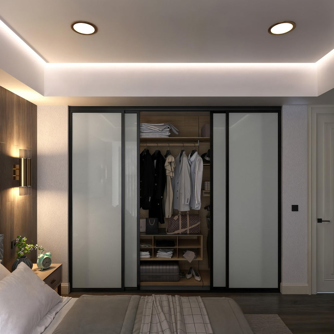 Door55 4 Panel Glass Sliding Closet Door, Black Matt Aluminum Frame