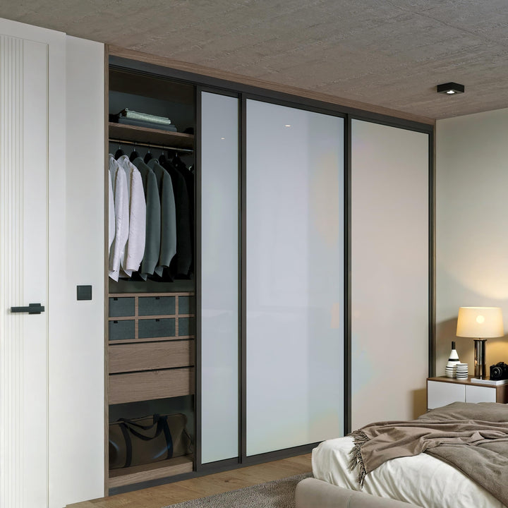 Door55 3 Panel Glass Sliding Closet Door, Black Matt Aluminum Frame