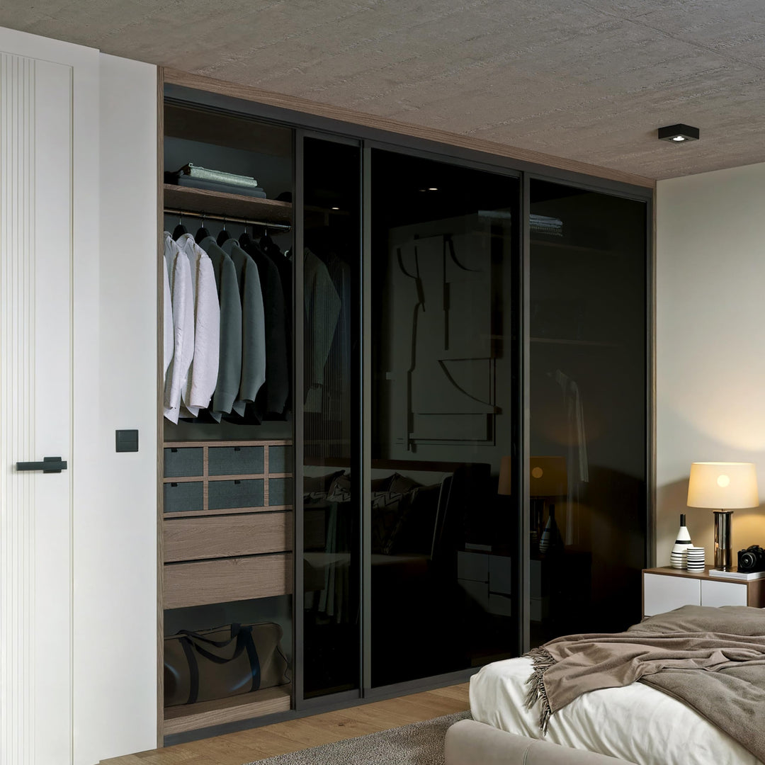 Door55 3 Panel Glass Sliding Closet Door, Black Matt Aluminum Frame