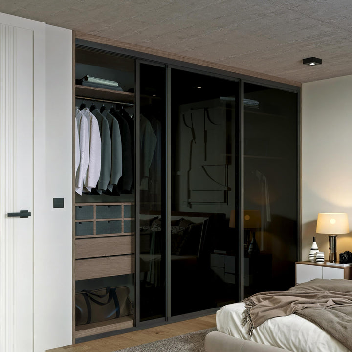 Door55 3 Panel Glass Sliding Closet Door, Black Matt Aluminum Frame