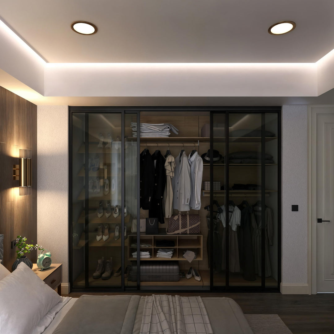 Door55 4 Panel Glass Sliding Closet Door, Black Matt Aluminum Frame