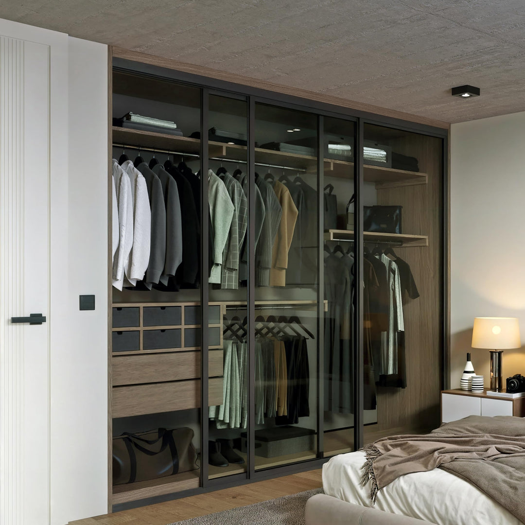 Door55 3 Panel Glass Sliding Closet Door, Black Matt Aluminum Frame