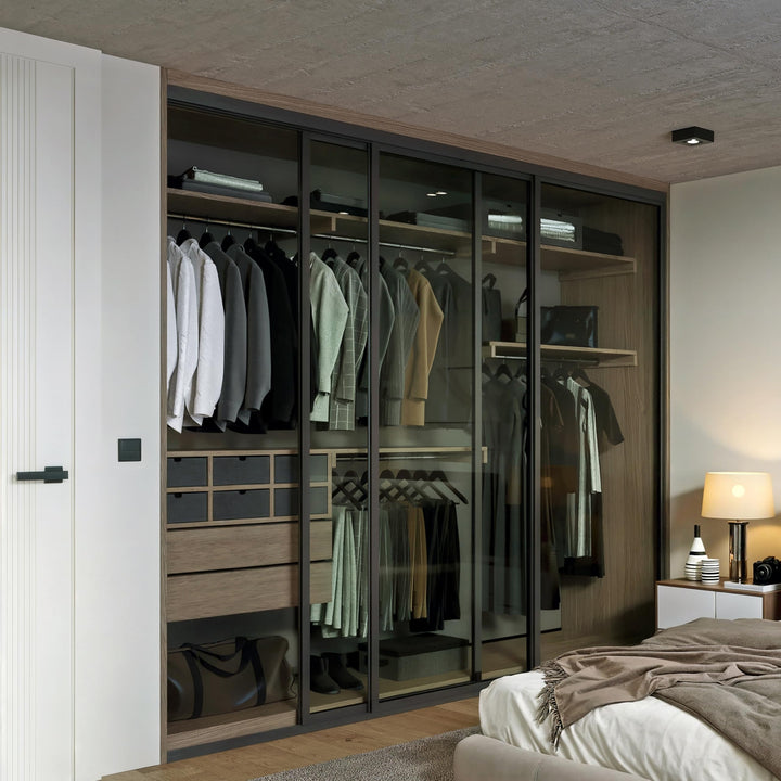 Door55 3 Panel Glass Sliding Closet Door, Black Matt Aluminum Frame