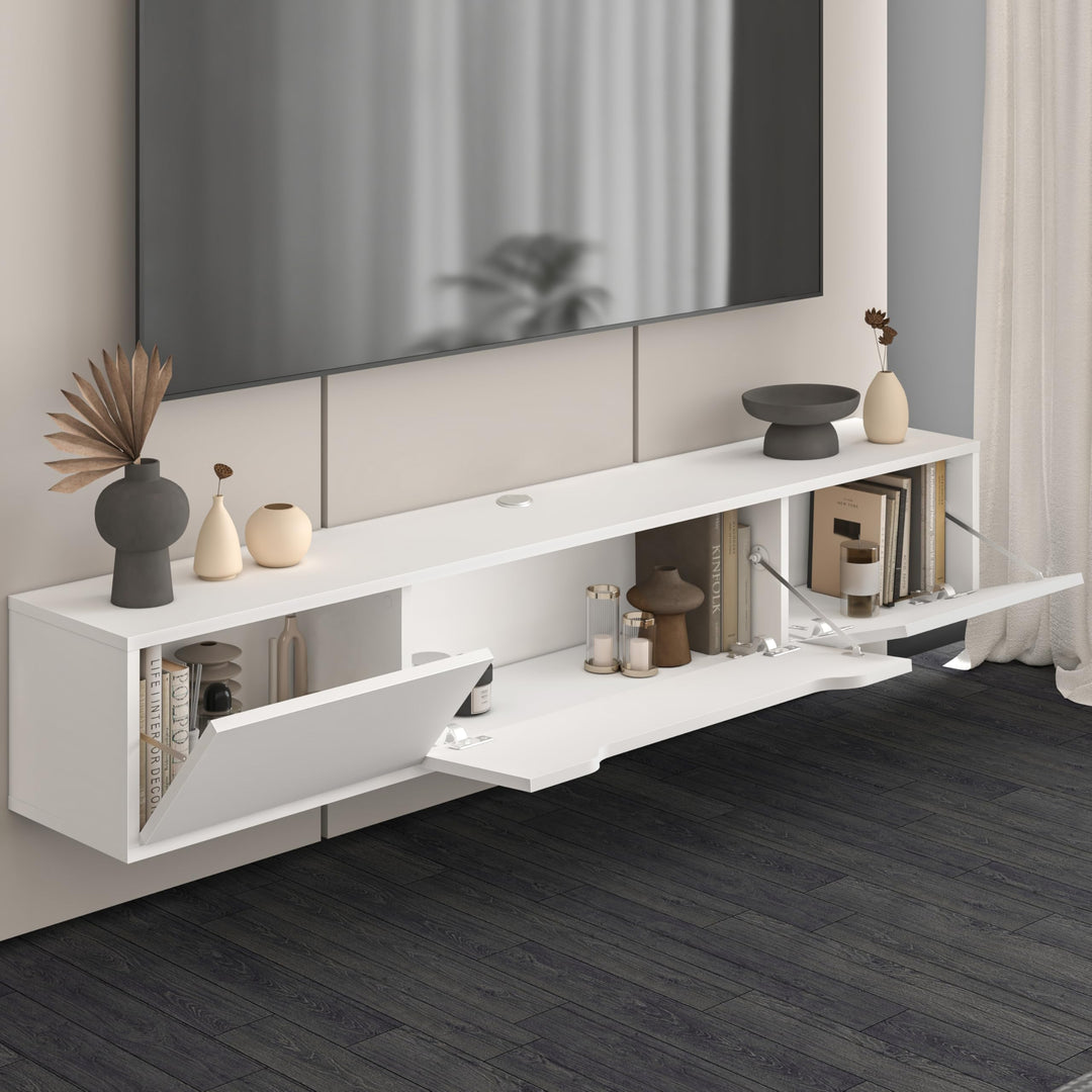 Atelier Mobili Floating TV Stand for Up to 80 Inch TVs – Wall Mounted Media Console with Handle-Free Doors – Modern Entertainment Center with Hidden Storage – White and Oak Finishes (Oak/White)