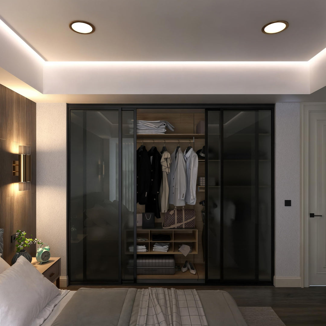 Door55 4 Panel Glass Sliding Closet Door, Black Matt Aluminum Frame