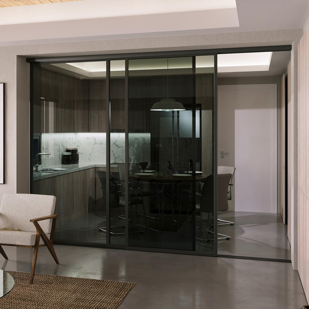 Doors55 3 Panel Glass Room Divider | Aluminum Frame Sliding Glass Room Divider – Atelier Mobili