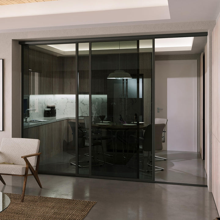 Doors55 3 Panel Glass Room Divider | Aluminum Frame Sliding Glass Room Divider – Atelier Mobili