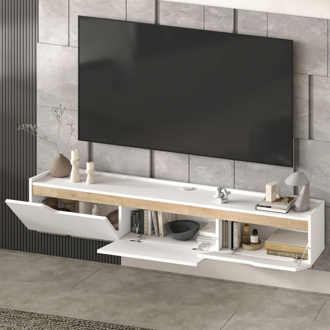 Atelier Mobili Floating TV Stand for Up to 80 Inch TVs – Wall Mounted Entertainment Center with Storage – Modern Floating Media Console with Cable Management – Oak/White Finishes (Oak)