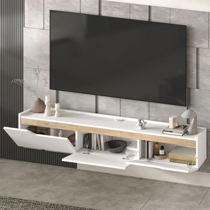 Atelier Mobili Floating TV Stand for Up to 80 Inch TVs – Wall Mounted Entertainment Center with Storage – Modern Floating Media Console with Cable Management – Oak/White Finishes (Oak)