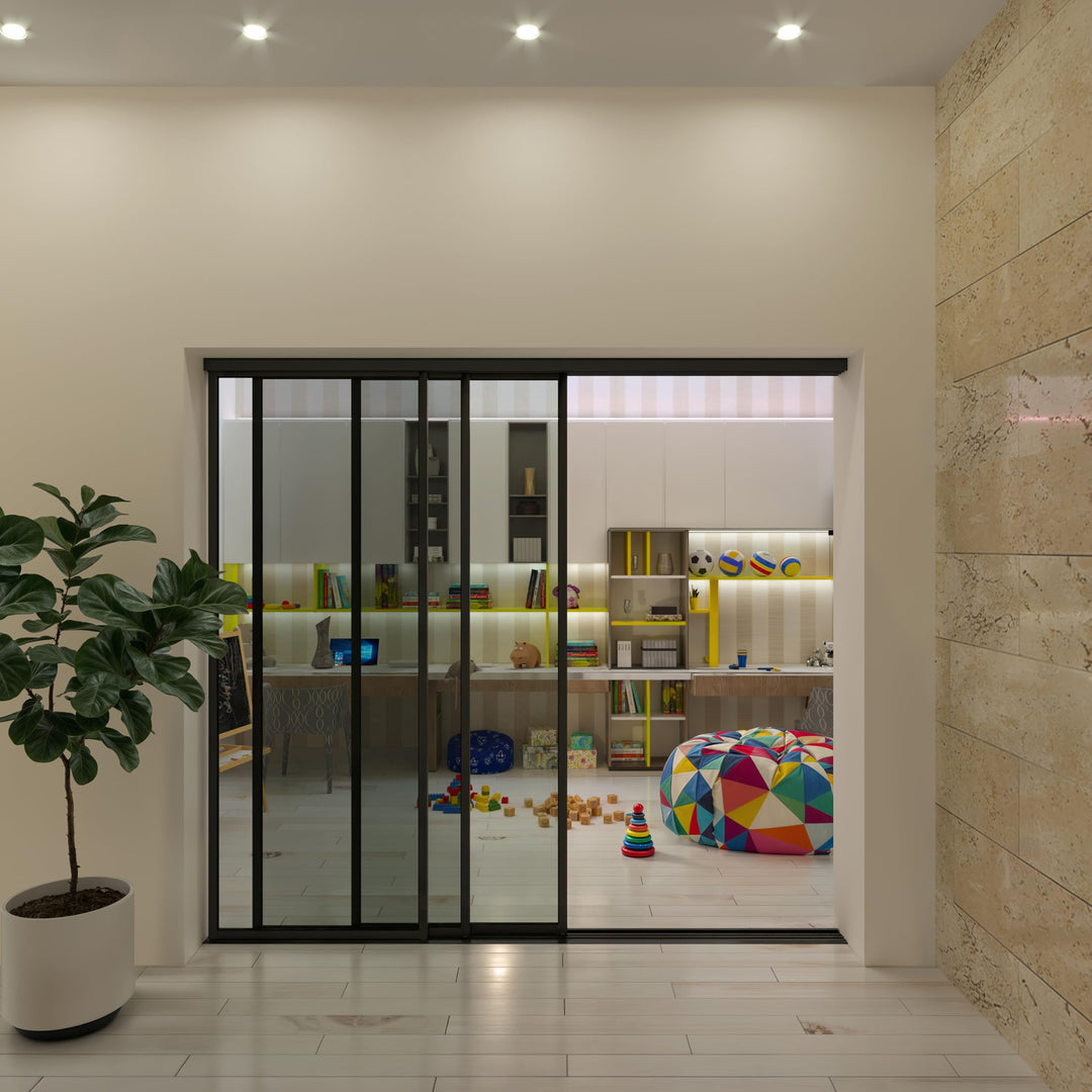 Glass Room Divider, Sliding Closet Door with 3 Glass Panels, Aluminum Frame with Clear, Smoked or Lite Smoked Color Options (Clear Glass, 72x96) – Atelier Mobili