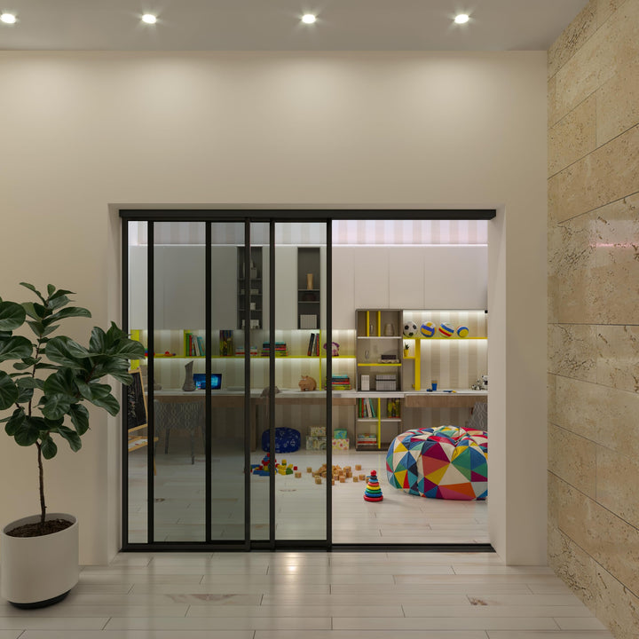 Glass Room Divider, Sliding Closet Door with 3 Glass Panels, Aluminum Frame with Clear, Smoked or Lite Smoked Color Options (Clear Glass, 72x96) – Atelier Mobili