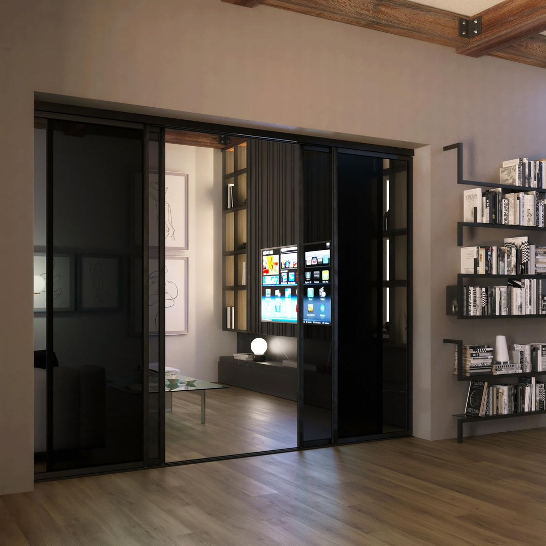 4 Panel Glass Room Divider and Sliding Glass Closet Doors - Smoked Frosted Partition Wall - Clear, Smoked and Frosted Glass Sliding Doors Options (Clear Glass, 96x80) – Atelier Mobili