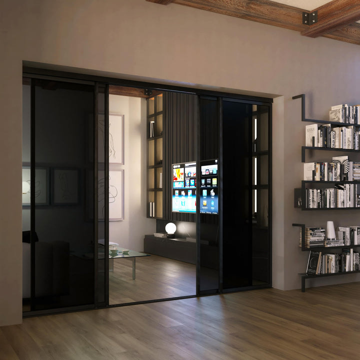 4 Panel Glass Room Divider and Sliding Glass Closet Doors - Smoked Frosted Partition Wall - Clear, Smoked and Frosted Glass Sliding Doors Options (Clear Glass, 96x80) – Atelier Mobili