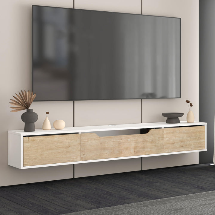 Atelier Mobili Floating TV Stand for Up to 80 Inch TVs – Wall Mounted Media Console with Handle-Free Doors – Modern Entertainment Center with Hidden Storage – White and Oak Finishes (Oak/White)
