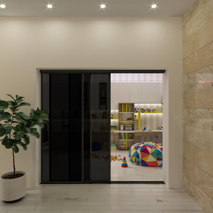 Glass Room Divider, Sliding Closet Door with 3 Glass Panels, Aluminum Frame with Clear, Smoked or Lite Smoked Color Options (Clear Glass, 72x96) – Atelier Mobili