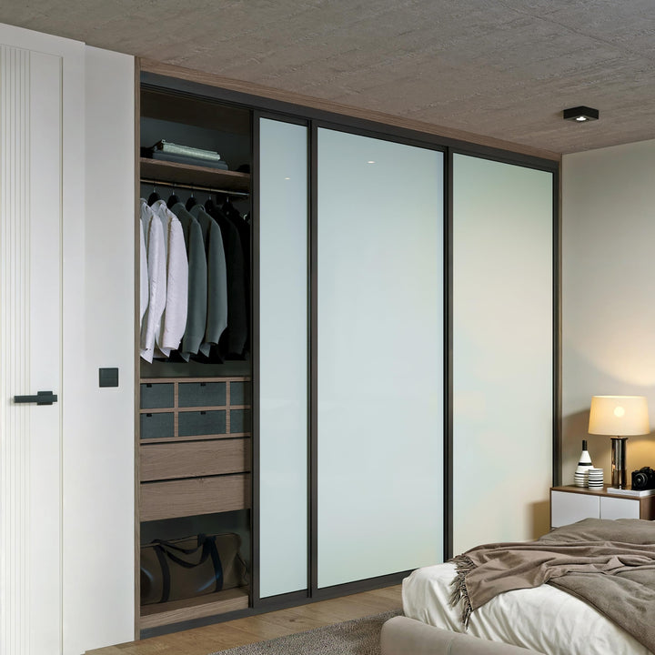 Door55 3 Panel Glass Sliding Closet Door, Black Matt Aluminum Frame