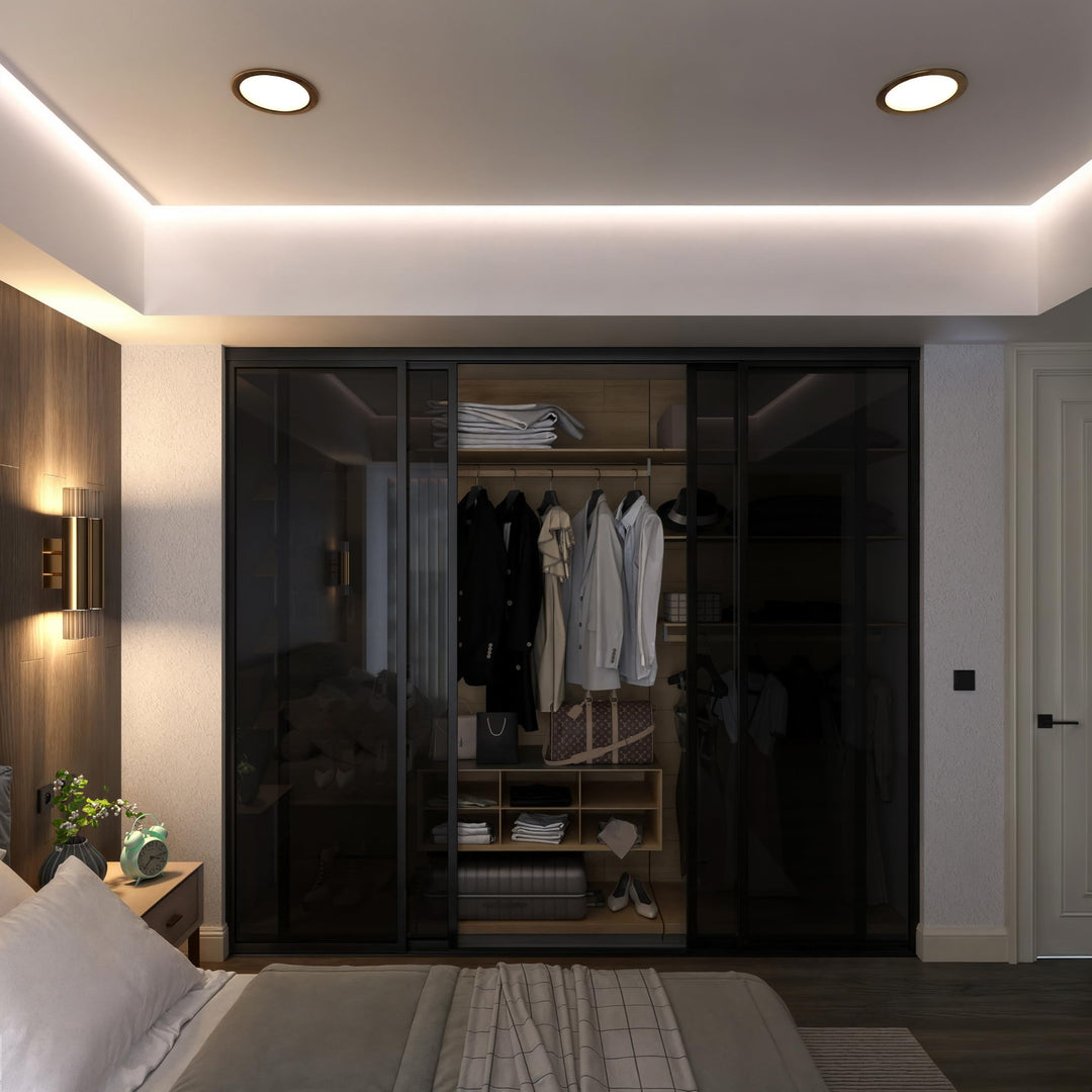 Door55 4 Panel Glass Sliding Closet Door, Black Matt Aluminum Frame