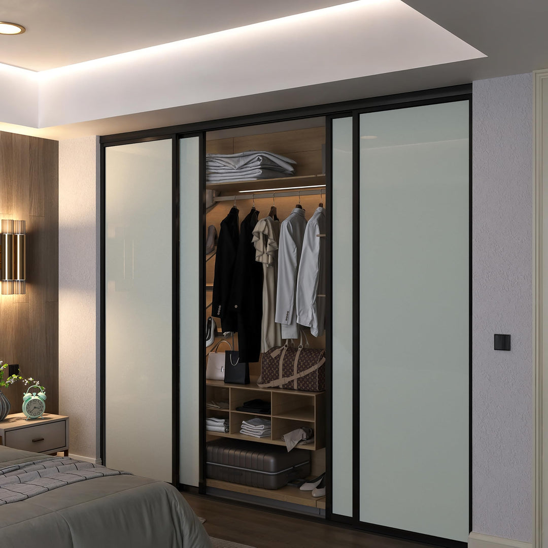 Door55 4 Panel Glass Sliding Closet Door, Black Matt Aluminum Frame