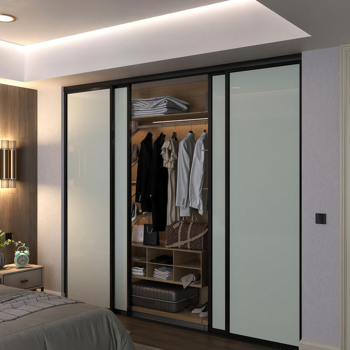 Door55 4 Panel Glass Sliding Closet Door, Black Matt Aluminum Frame