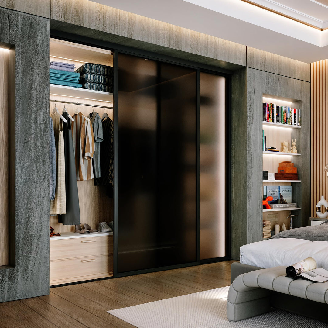 Door55 2 Panel Glass Sliding Closet Door, Black Matt Aluminum Frame