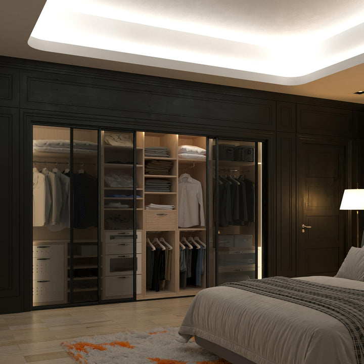 4 Panel Glass Room Divider and Sliding Glass Closet Doors - Smoked Frosted Partition Wall - Clear, Smoked and Frosted Glass Sliding Doors Options (Clear Glass, 96x80) – Atelier Mobili