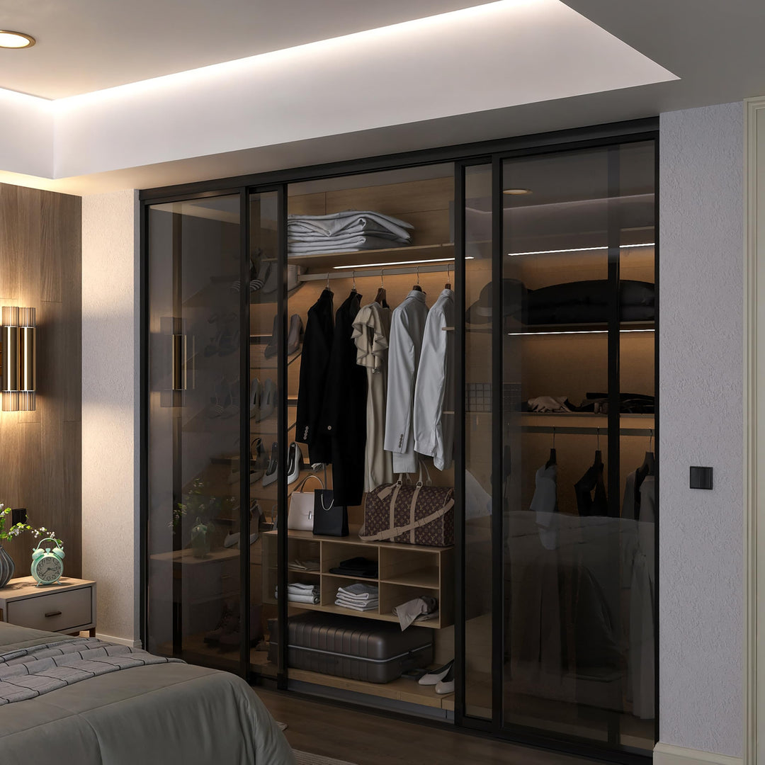Door55 4 Panel Glass Sliding Closet Door, Black Matt Aluminum Frame