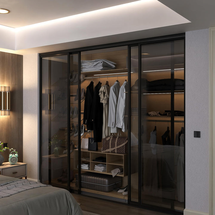 Door55 4 Panel Glass Sliding Closet Door, Black Matt Aluminum Frame