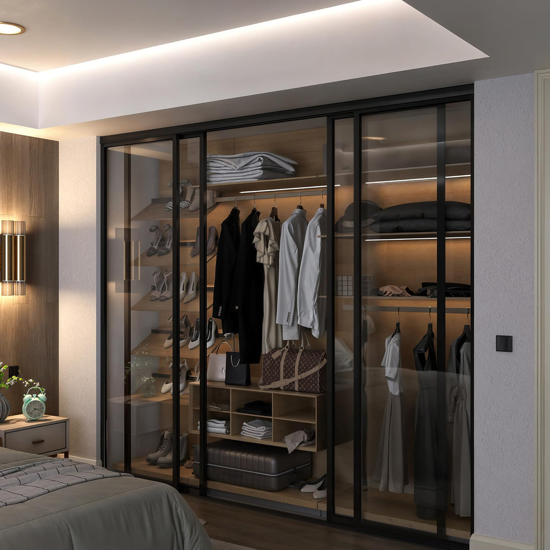 Doors55 4 Panel Glass Sliding Closet Door - 96x80 - Black Frame / Clear Glass