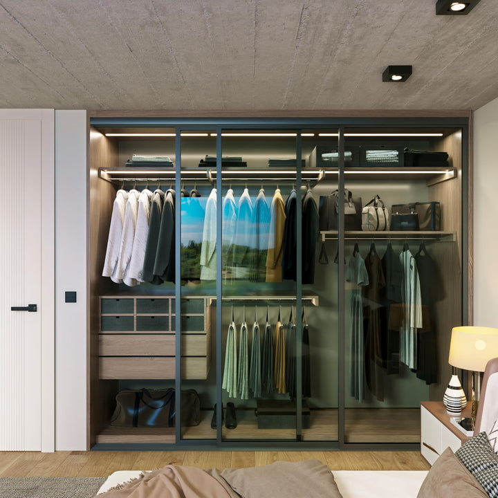 Door55 3 Panel Glass Sliding Closet Door, Black Matt Aluminum Frame