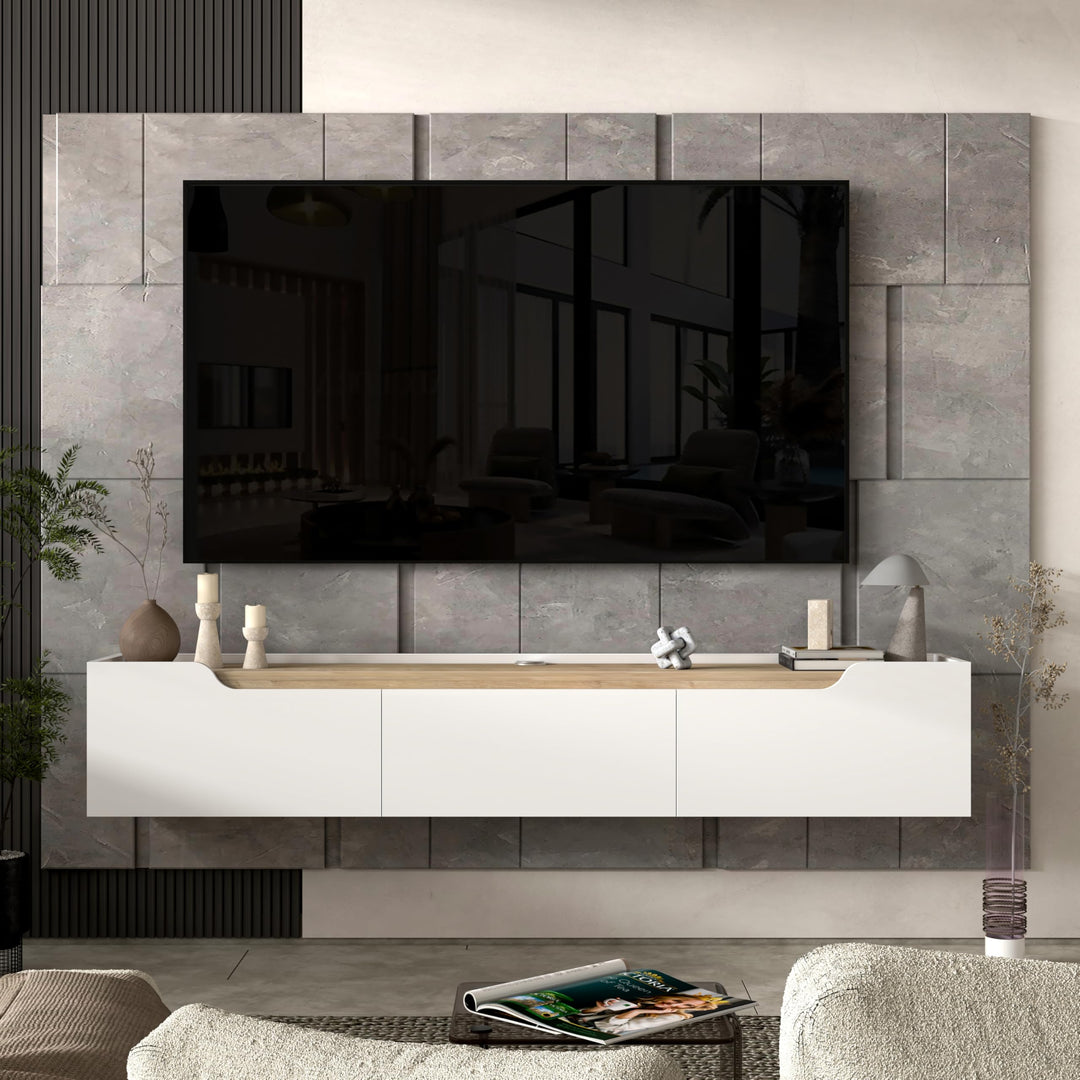 Atelier Mobili Floating TV Stand for Up to 80 Inch TVs – Wall Mounted Entertainment Center with Storage – Modern Floating Media Console with Cable Management – Oak/White Finishes (Oak)