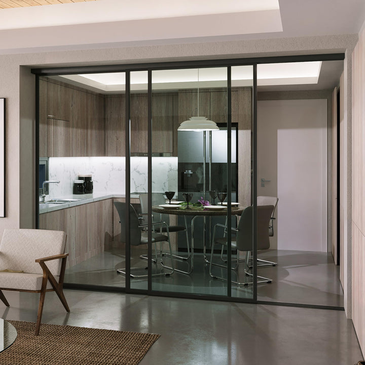 Doors55 3 Panel Glass Room Divider - 72x80 - Black Frame / Clear Glass