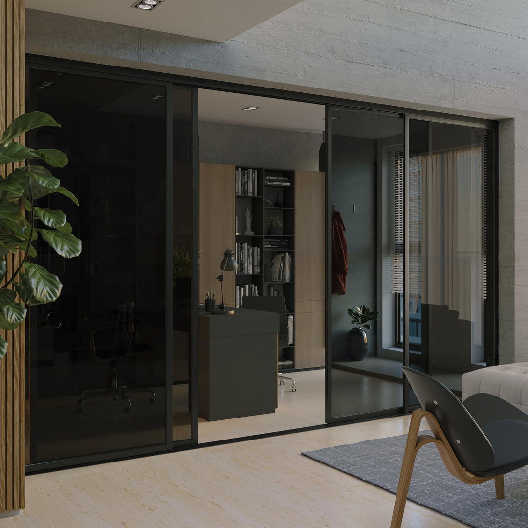 Doors55 4 Panel Glass Room Divider | Aluminum Frame Sliding Glass Room Divider – Atelier Mobili