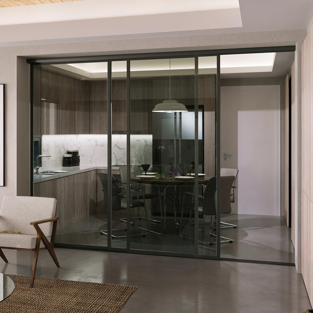 Doors55 3 Panel Glass Room Divider | Aluminum Frame Sliding Glass Room Divider – Atelier Mobili