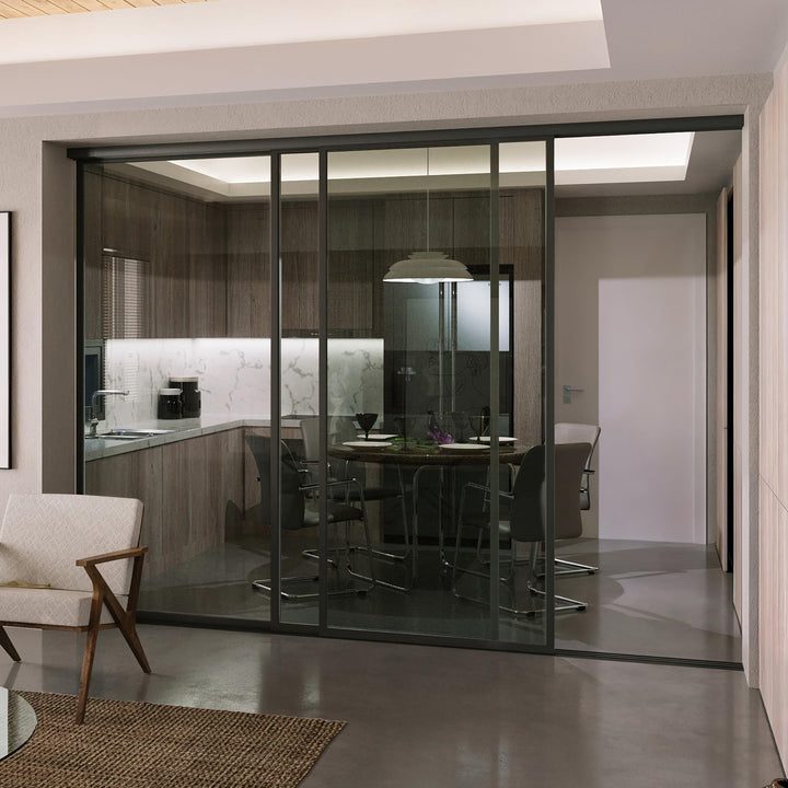 Doors55 3 Panel Glass Room Divider | Aluminum Frame Sliding Glass Room Divider – Atelier Mobili