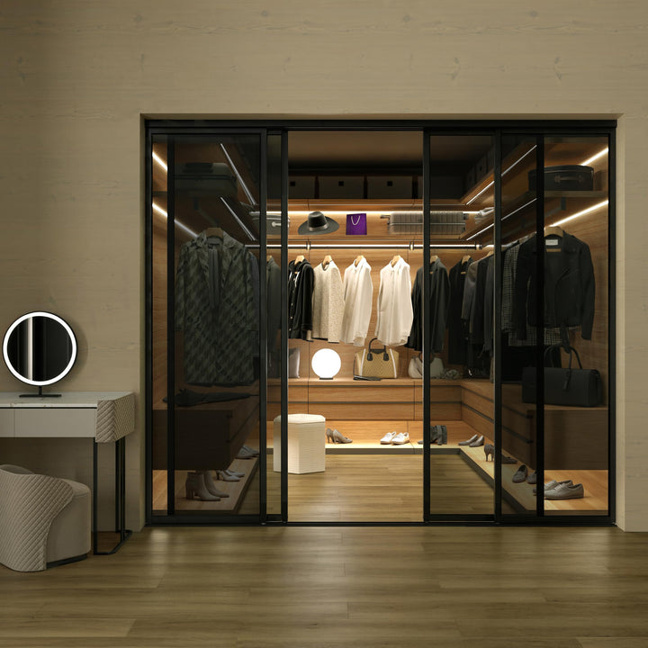 4 Panel Glass Room Divider and Sliding Glass Closet Doors - Smoked Frosted Partition Wall - Clear, Smoked and Frosted Glass Sliding Doors Options (Clear Glass, 96x80) – Atelier Mobili