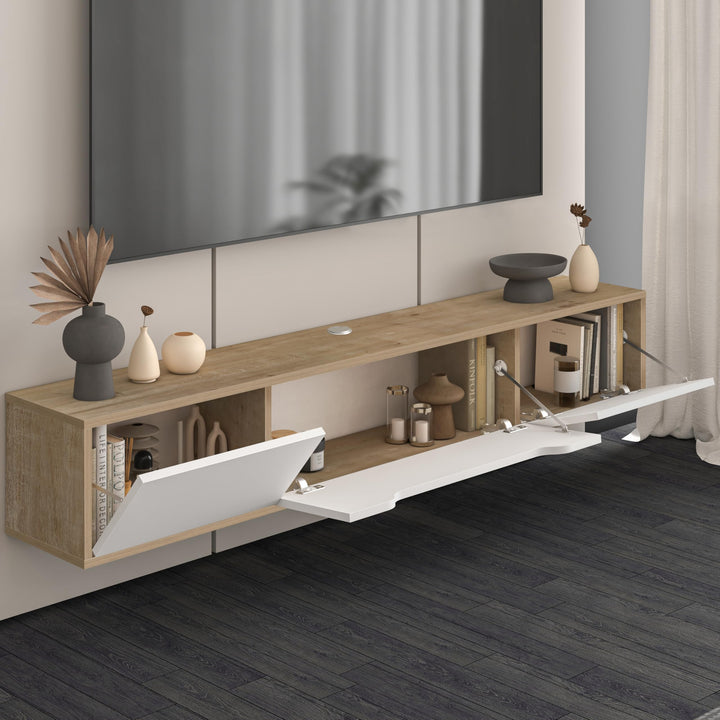 Atelier Mobili Floating TV Stand for Up to 80 Inch TVs – Wall Mounted Media Console with Handle-Free Doors – Modern Entertainment Center with Hidden Storage – White and Oak Finishes (Oak/White)