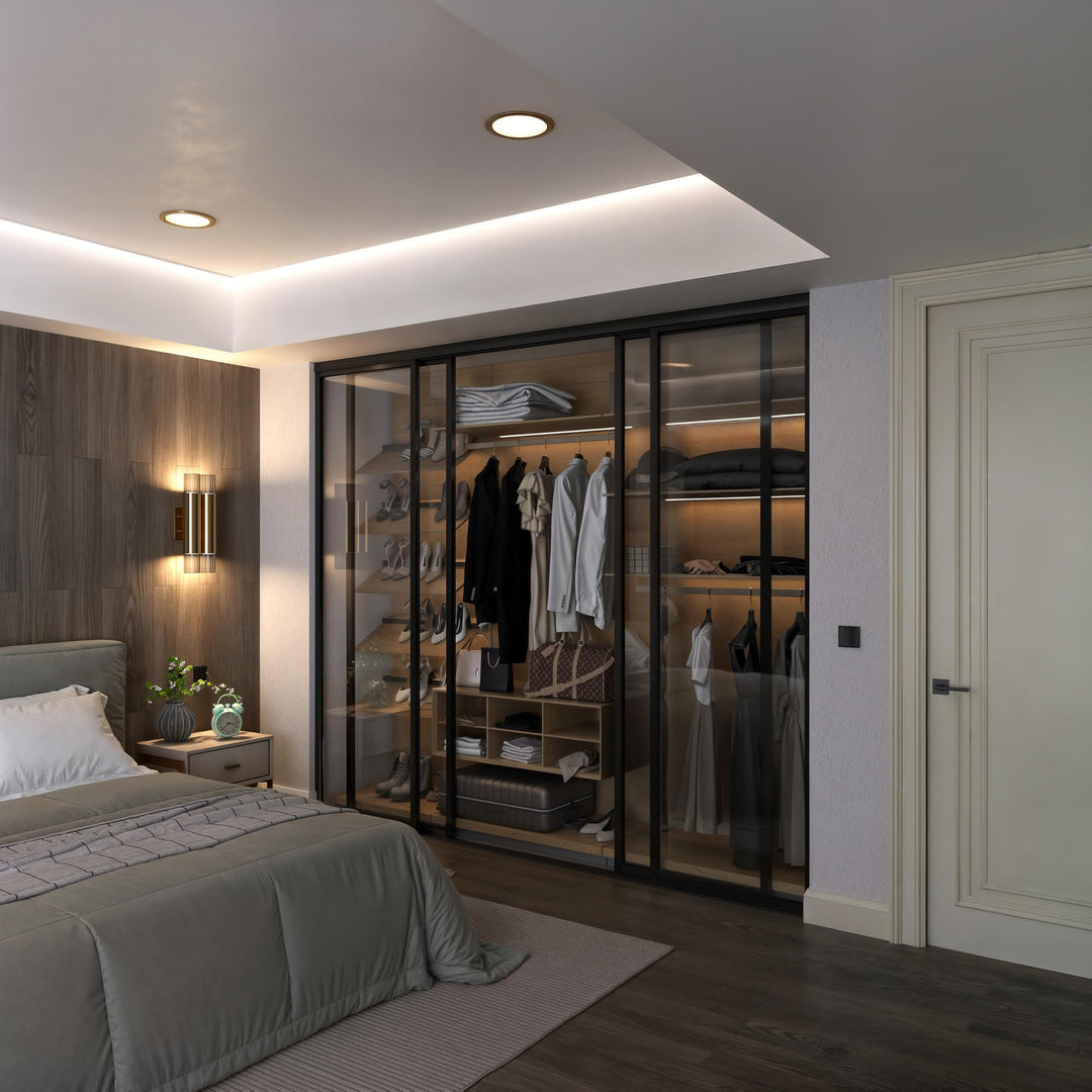 Door55 4 Panel Glass Sliding Closet Door, Black Matt Aluminum Frame