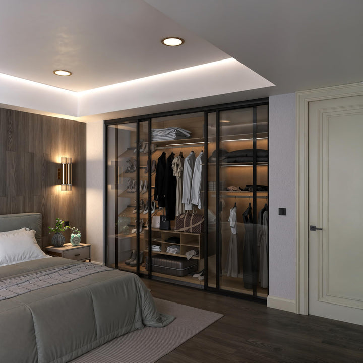 Door55 4 Panel Glass Sliding Closet Door, Black Matt Aluminum Frame
